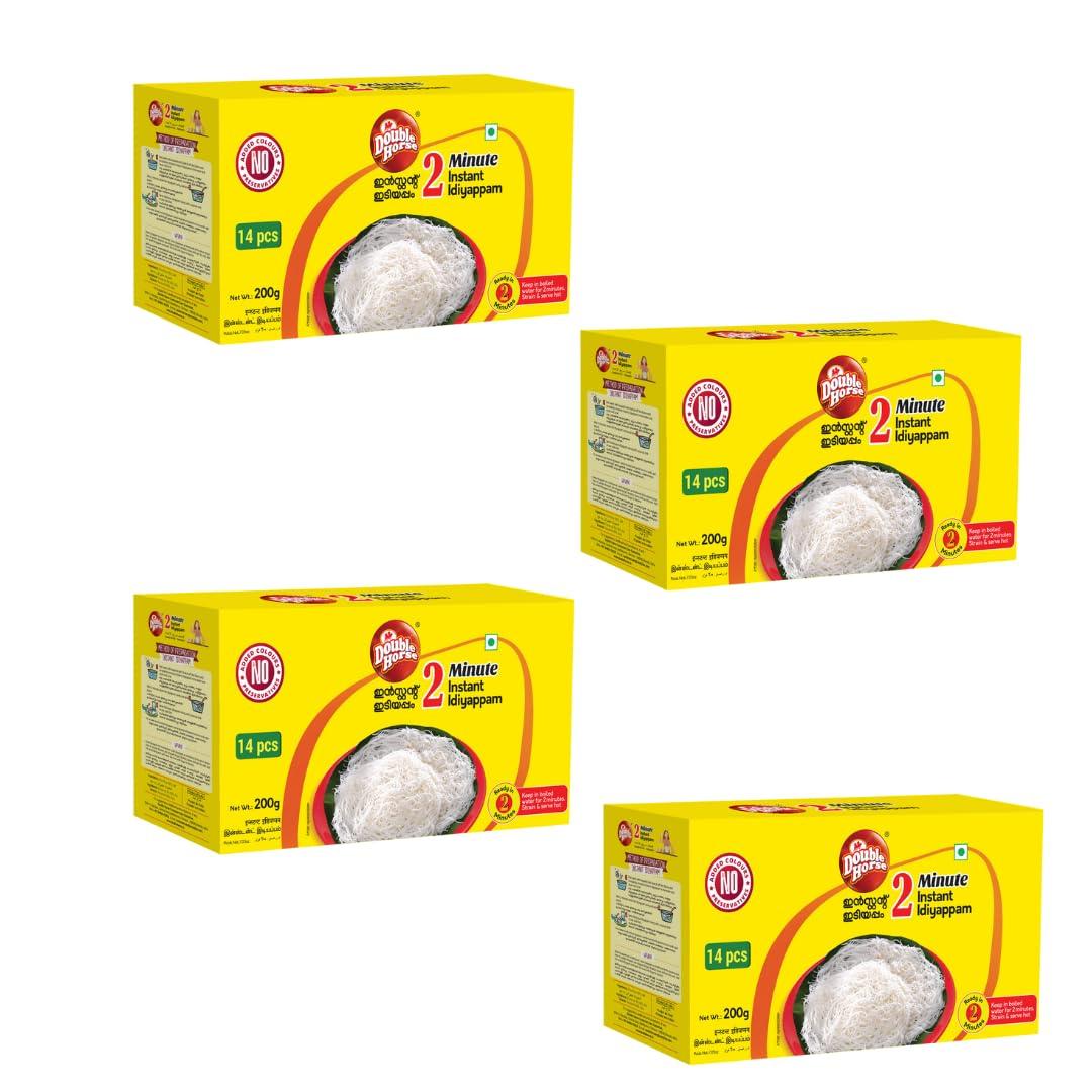 Double Horse Double Horse Quick & Easy Instant White Idiyappam, 200 Gram X 4|Nool Puttu|String Hopper|Export Quality|2 Minute Magic Instant Breakfast|Pack Of 4