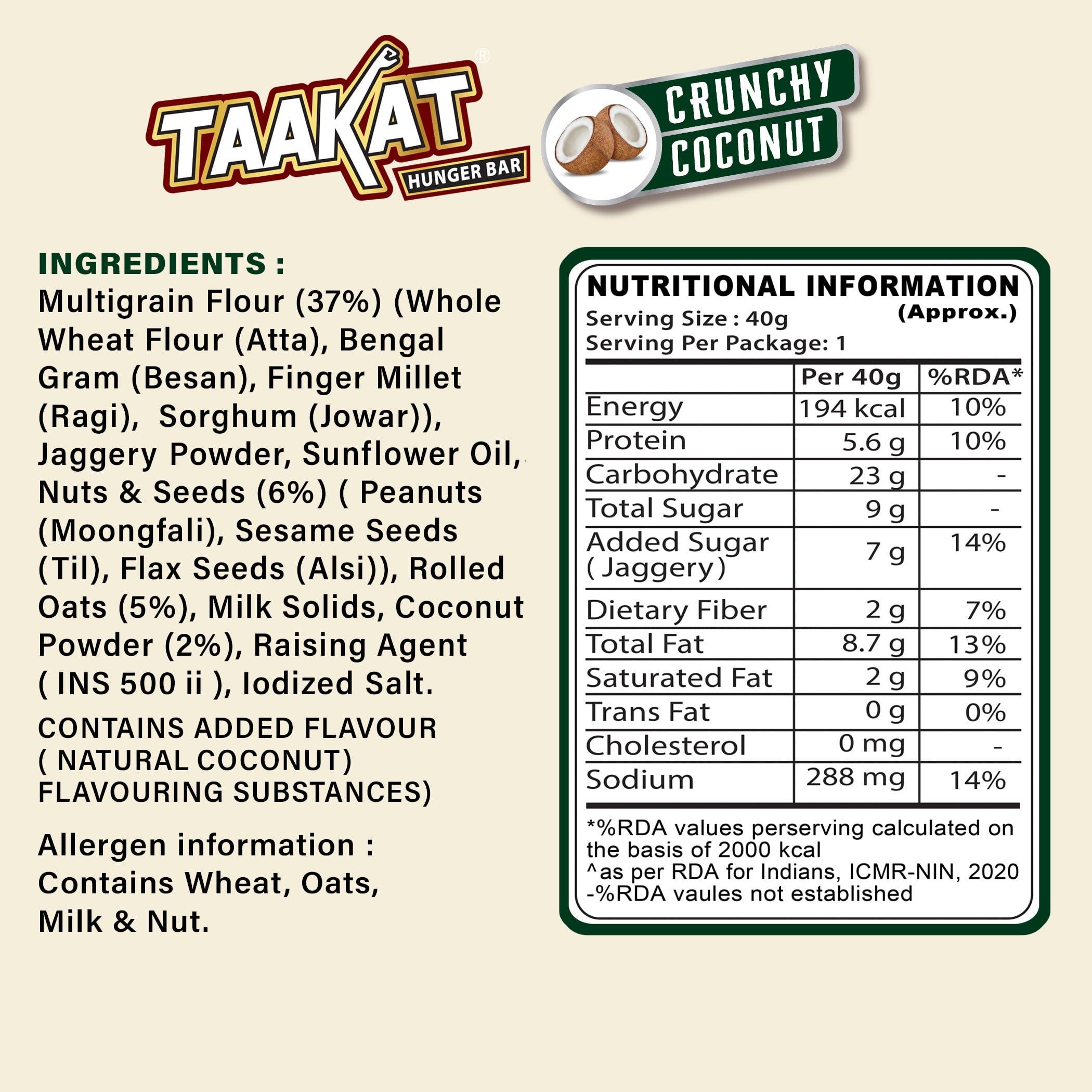 Taakat Hunger Bar Taakat Hunger Bar - Assorted Box of 20 bars (10 bars of Almond Delight, 5 bars of Namkeen Masti and 5 bars of Crunchy Coconut) | Multigrain | Nuts & Seeds | Pure Jaggery | Source of Protein & Fiber | No Maida | No Palm Oil | No Refined Sugar | Baked