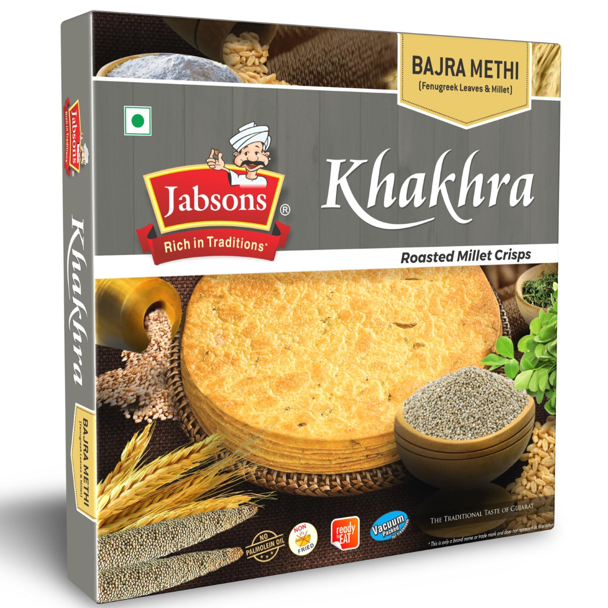 Jabsons Jabsons Bajra Methi Khakhra | 100% Roasted No Onion No Garlic | Ready To Eat Vacuum Sealed | Crispy and Healthy Snack Ideal for Chai Time | Diet-Friendly Gujarati Khakhra 180 gm (Pack of 6)