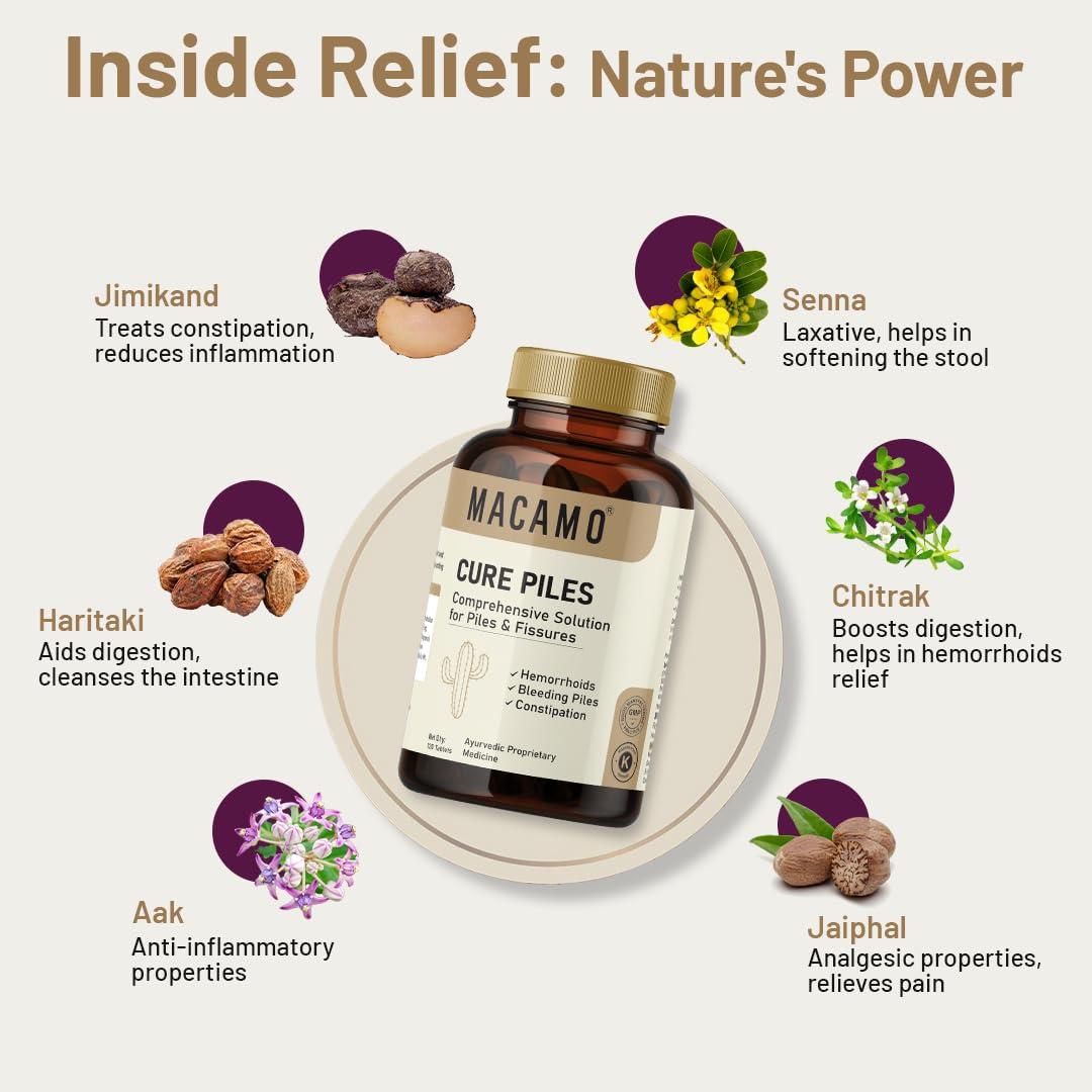 MACAMO MACAMO Cure Piles Tablets & Spray, Comprehensive Solution for Hemorrhoids and Fissures, GMP Approved (120 Tabletes)
