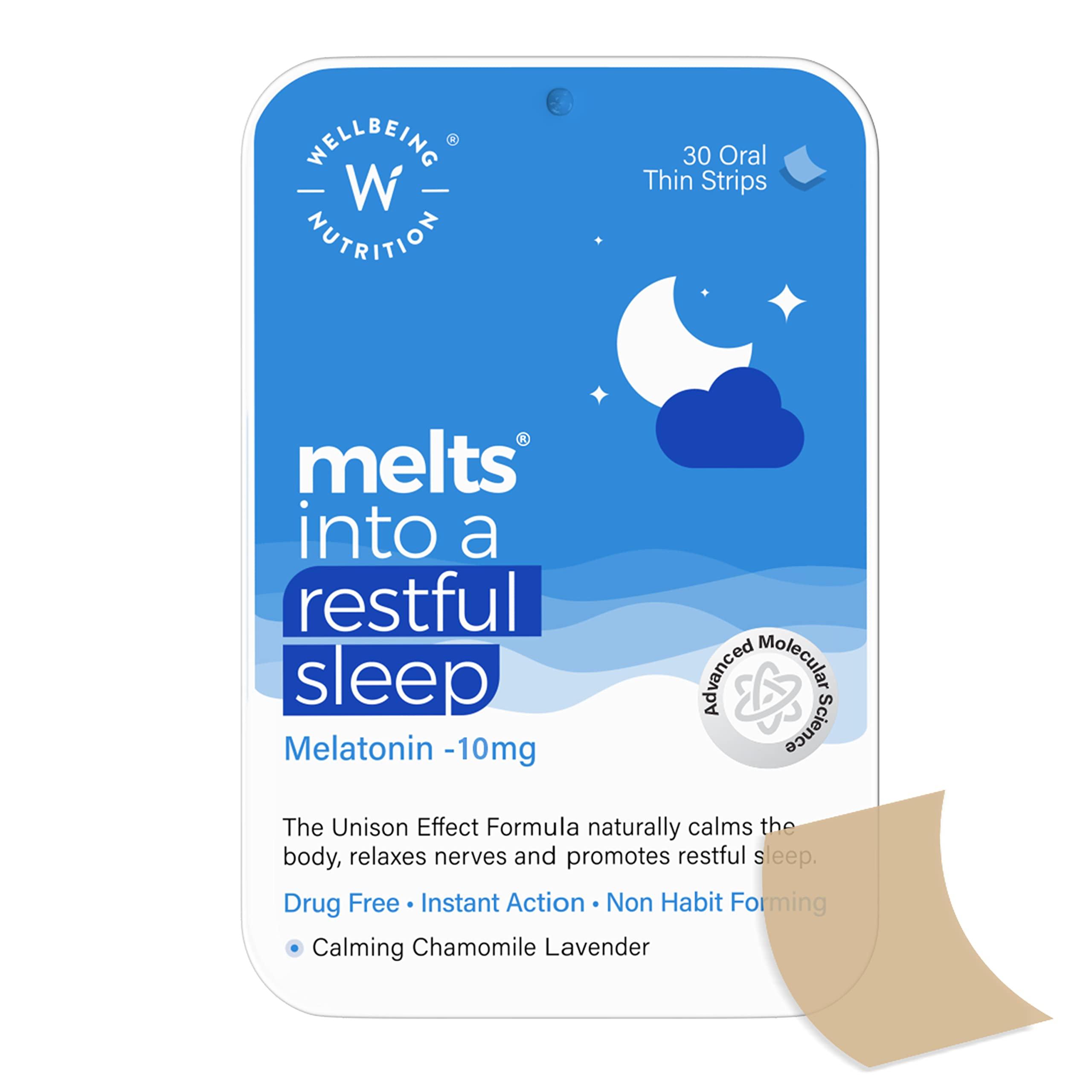 WELLBEING NUTRITION Wellbeing Nutrition Melts Restful Sleep Strips | Plant-Based Melatonin 10mg for Better Sleep & Stress Relief with Chamomile, Tagara, L-Theanine | Helps You Fall Asleep Fast | 60 Oral Thin Strips