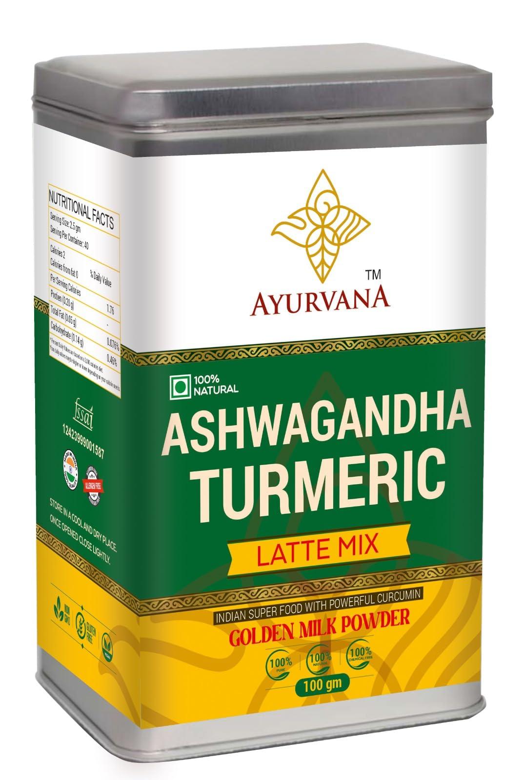 AYURVANA AYURVANA Ashwagandha Turmeric Latte Mix | Golden Milk Powder with Curcumin | Zero Artificial Sugar | 100g | Pack of 1