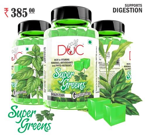 Doc DOC Super Green Gummies | Contains Green Vegetables and Fruits | Rich in Vitamins, Minerals, Antioxidants and Phyto-Nutrients | Supports Digestion | 60 Nos Veg Gummies (Pack of 1)