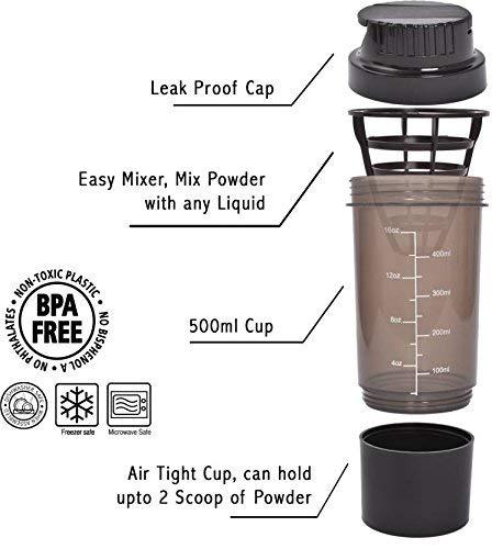 NOHUNT NOHUNT Men\'s and Women\'s Plastic Shake & Sip Gym Sports Protein Shaker Bottles with Multiple Storage compartments, Leak Proof, BPA-Free, Zero odour and Impact Resistant - Blue, 450 ml