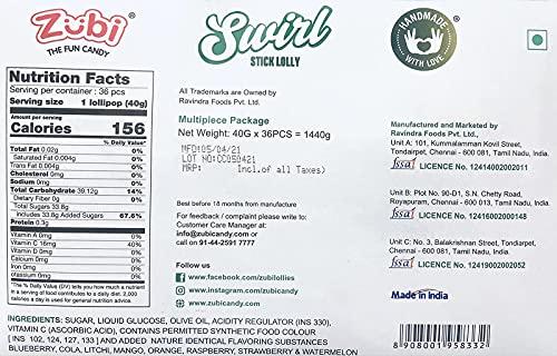 ZUBI THE FUN CANDY Zubi Swirl Stick Lollipops (36 Pcs Per Box) Assorted Fruit Flavour