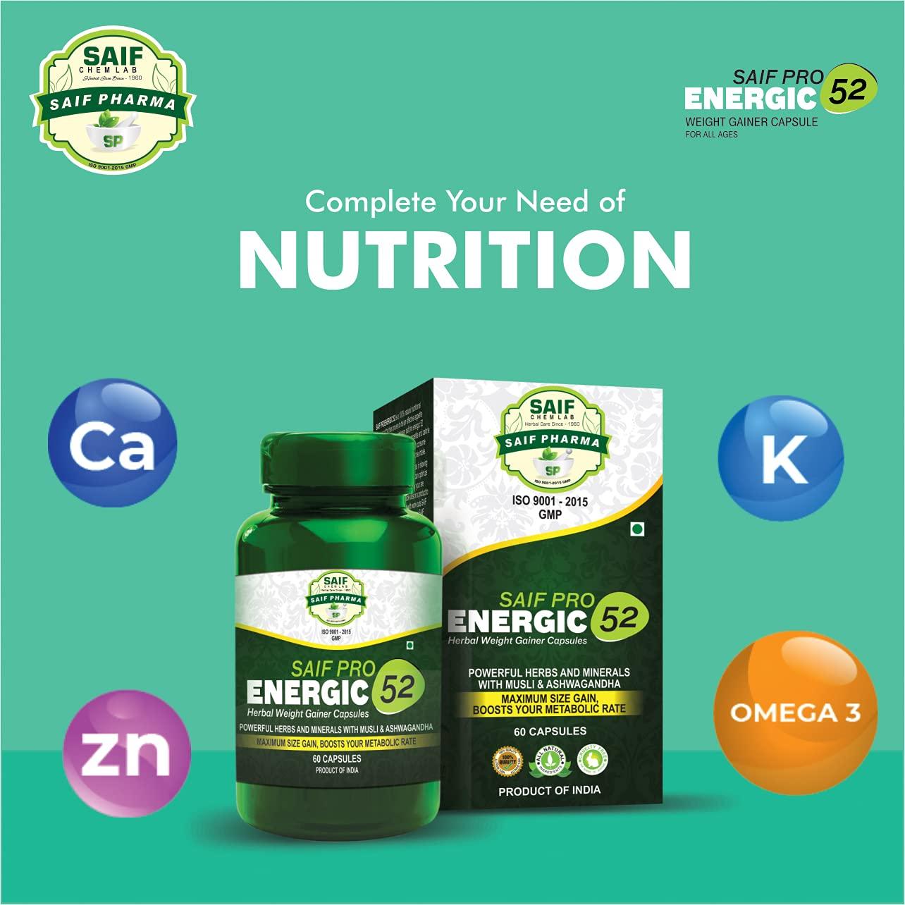 PLEASURE HUNT PLEASURE HUNT Saif Pro Energic 52 Herbal Weight Gainer Capsule For Fast Weight & Muscle Gain, Daily Muscle Building, Supplement For Muscle Growth, Stamina & Strength, For Men & Women - 60 Cap