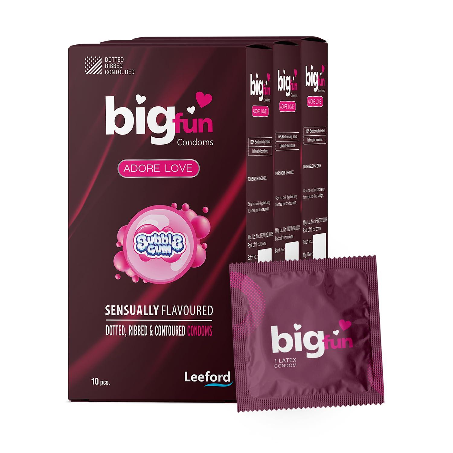 BIGFUN Bigfun Flavoured Condoms Combo Pack of 3 (10Pcs Each Pack) | Dotted, Ribbed & Contoured Long Lasting For Men | Bubblegum Flavour (Total 30pcs)