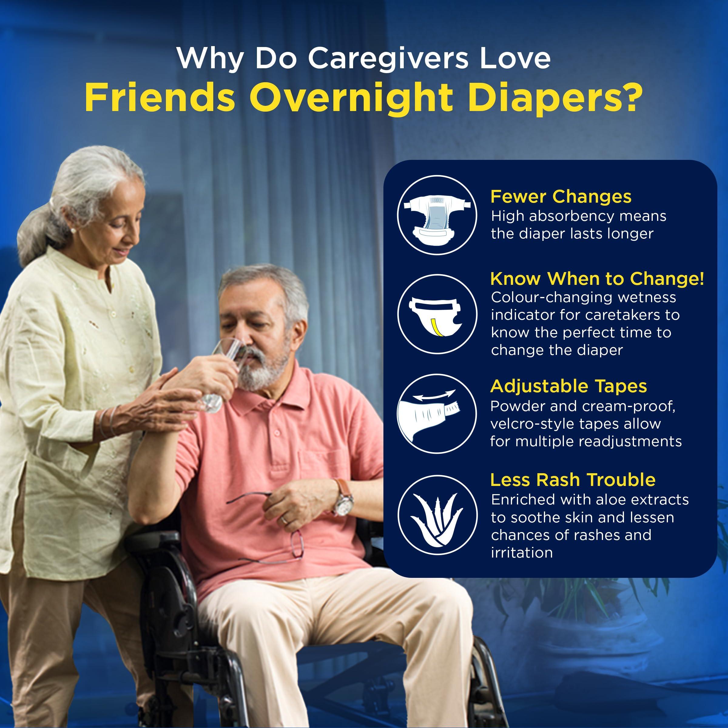 Friends Friends Overnight Adult Diapers Tape Style - 30 Count (Medium) with with odour lock, Unisex, Leakproof and Anti-Bacterial Absorbent Core - Waist Size 28.35-51.18 inch; 72-130 cm