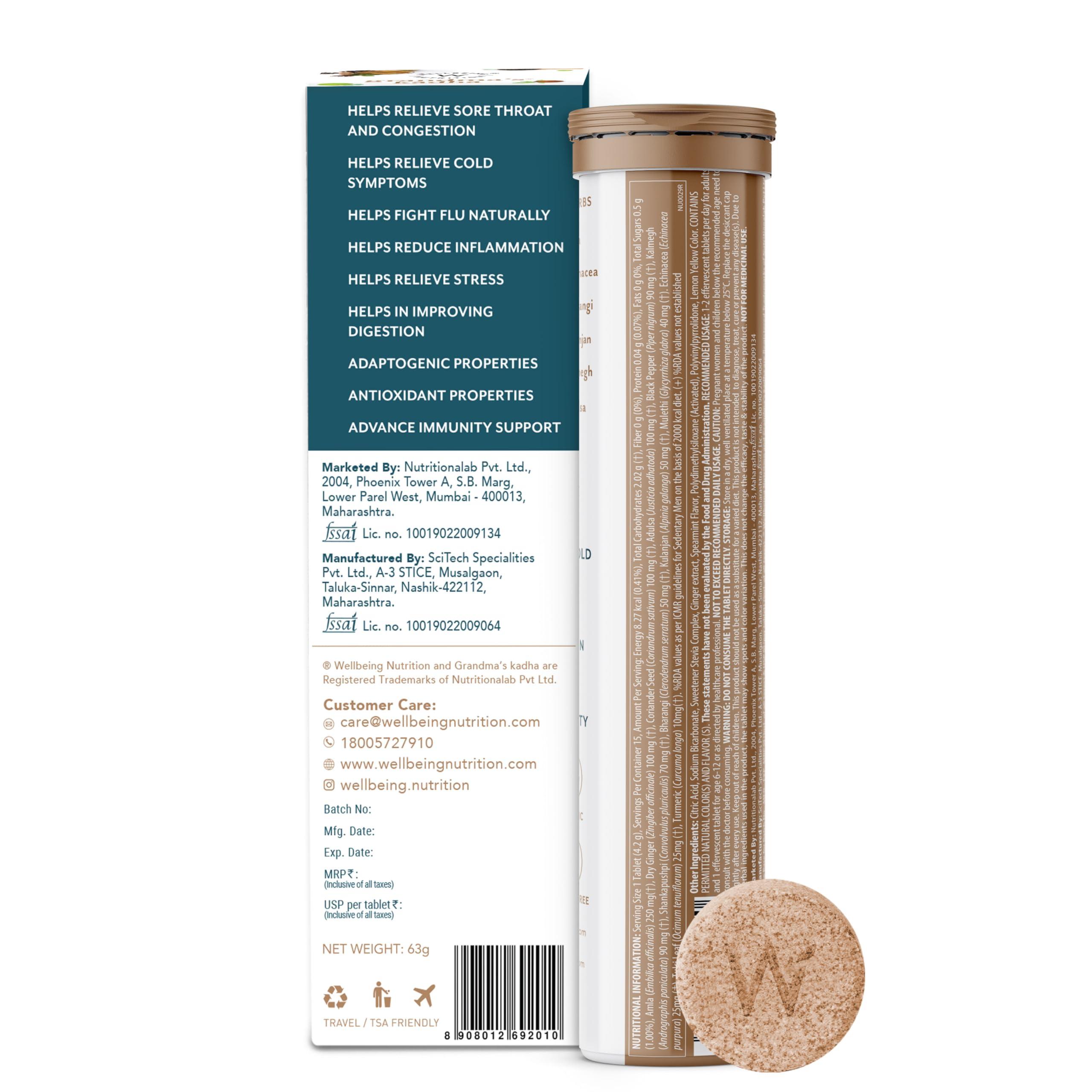 WELLBEING NUTRITION Wellbeing Nutrition Grandma's Kadha -Ayurvedic Natural Immunity Booster | Ayurvedic Kadha for Immunity, Cold, Cough, Sore Throat & Congestion (60 Effervescent Tablets)