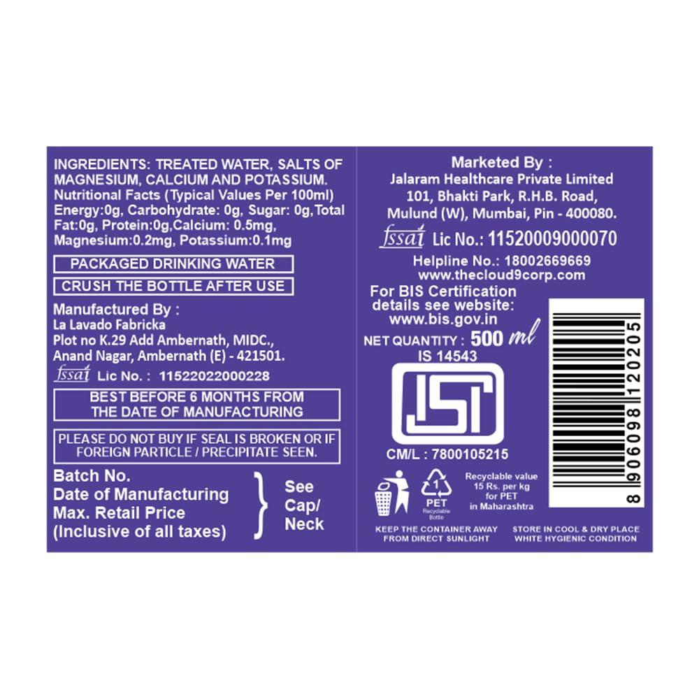 Cloud9 Cloud9 Packaged Drinking Water | Minerals Water 500ml | Pack Of 24 Bottles [Price Including Courier Charges]