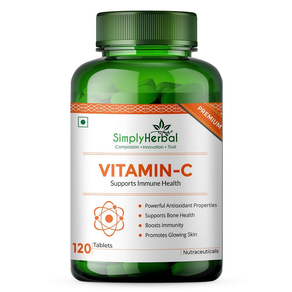 Simply Herbal Simply Herbal Vitamin C Tablets for Glowing Skin & Face, Support Immune Health, Natural Brightening, Supplement Promote Body Immunity & Overall Beauty Health for Men & Women - 120 Veg Tablets