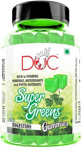 Doc DOC Super Green Gummies | Contains Green Vegetables and Fruits | Rich in Vitamins, Minerals, Antioxidants and Phyto-Nutrients | Supports Digestion | 60 Nos Veg Gummies (Pack of 1)