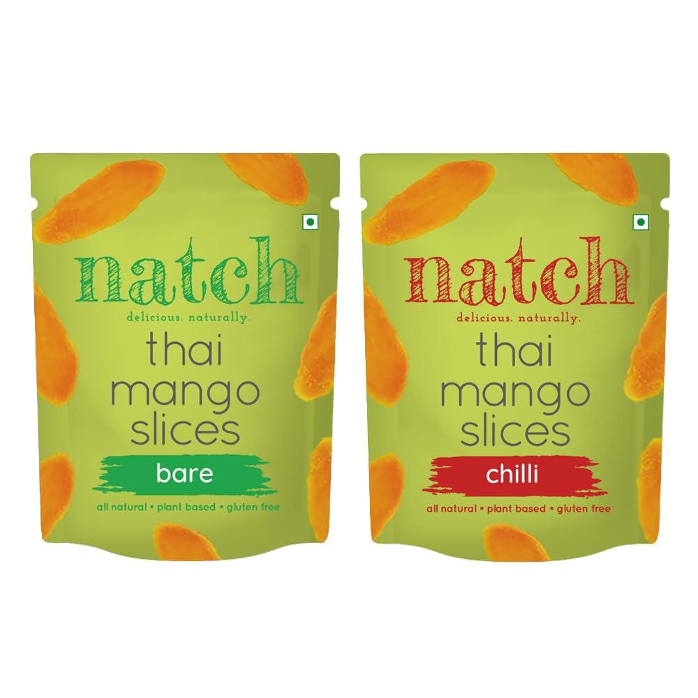 natch Natch Dried Thai Mango Slices, 100% All Natural, Vegan, Gluten Free, No Artificial Preservatives, Trans Fat Free, Rich in Antioxidants, Bare and Chili Flavour, 60gm each (Pack of 2)
