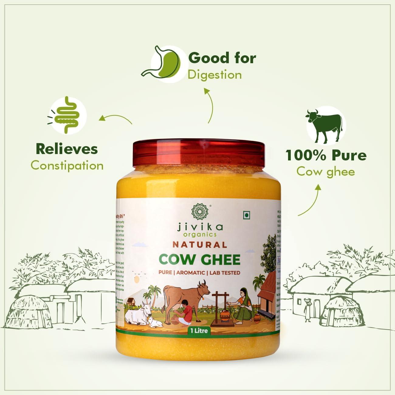 JIVIKA NATURALS Jivika Pure Natural Bilona Cow Ghee | Hand Churned Grass Fed Cows | 100% Pure and Natural | Desi Ghee | Highly Nutritious | Helps Keep Your Heart Healthy | Boost Immunity & Energy | Lab Tested | 1 Litre Pet Jar