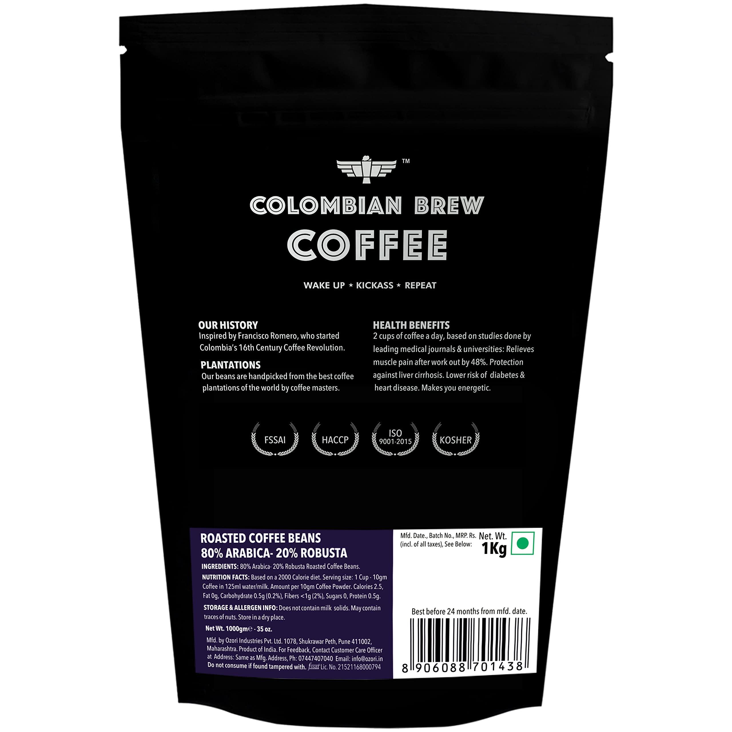 COLOMBIAN BREW COFFEE Colombian Brew 80-20 Arabica Robusta Roasted Coffee Beans 1kg & Colombian Brew 100% Robusta Roasted Coffee Beans 1kg