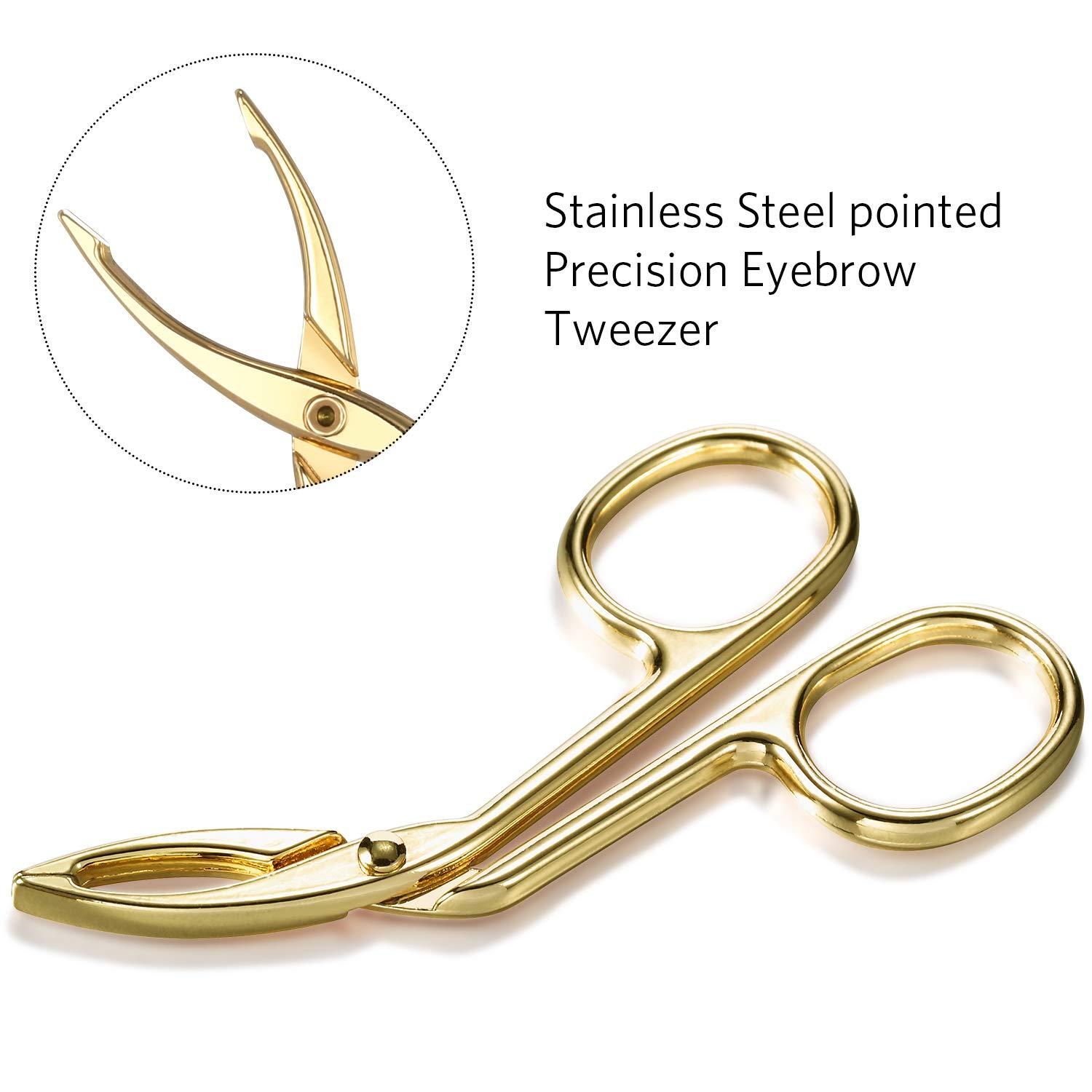 Hicarer 3 Packs Eyebrow Tweezers, Scissors Shaped Eyebrow Straight Tip Tweezers Clip, Flat Tip Tweezers Hair Plucker, Straight Tip Hairgripping Eyebrow (Gold Plated)