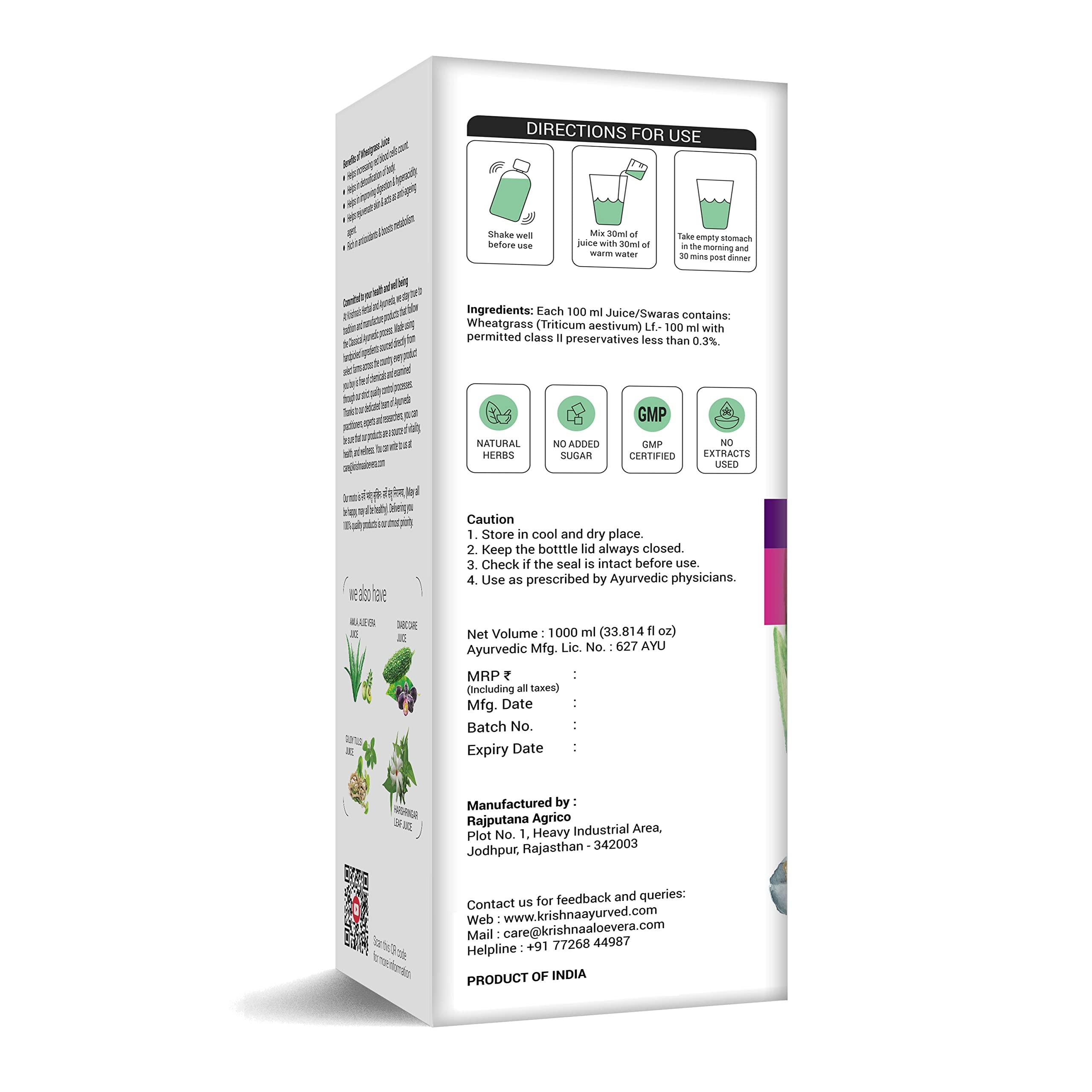 KRISHNA'S HERBAL & AYURVEDA Krishna's Wheatgrass Juice - 1000 ML | Wheat Grass juice 9th day picked wheatgrass leaves | Pure, Natural and Ayurvedic Juice