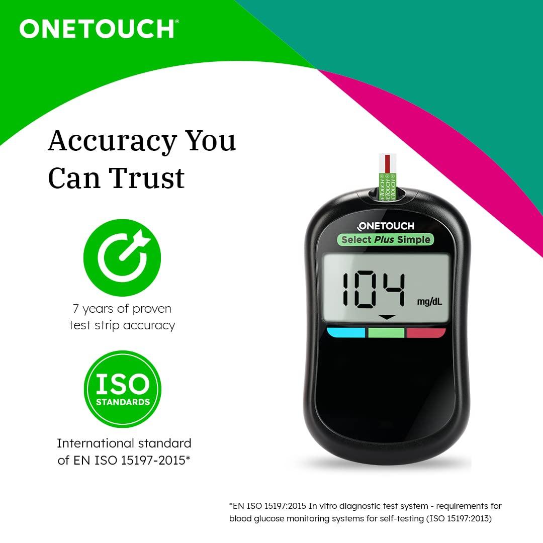 OneTouch OneTouch Select Plus Simple glucometer machine with 50 Test Strips & 50 additional Ultrasoft 2 Lancets (total 60 lancets) | Simple & accurate testing of Blood sugar level at home | Global Iconic Brand