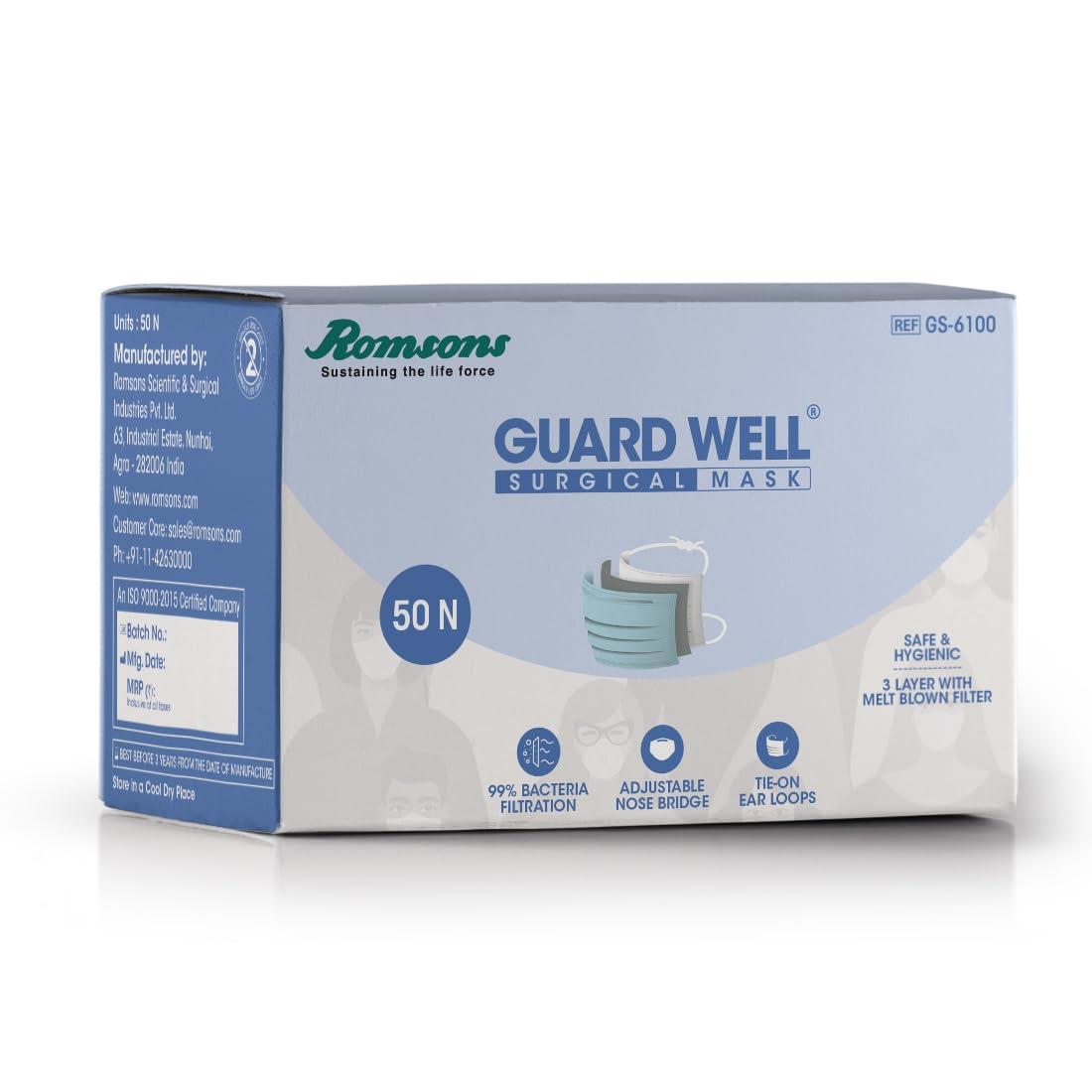 Romsons Romsons Unisex Non-Woven Fabric Guard Well 3 Ply Surgical Face Mask Tie-On Ear Loops, 50 Pcs/Pack,White