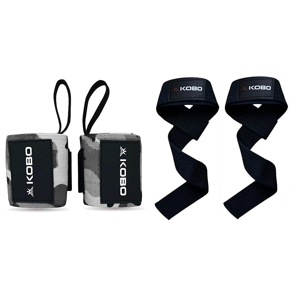 Kobo Kobo WTA-04 Camouflage Grey Wrist Wraps with Thumb Loop - Professional Wrist Support Braces (Camouflage-Grey) & Kobo WTA-03 Power Cotton Gym Support (Black)