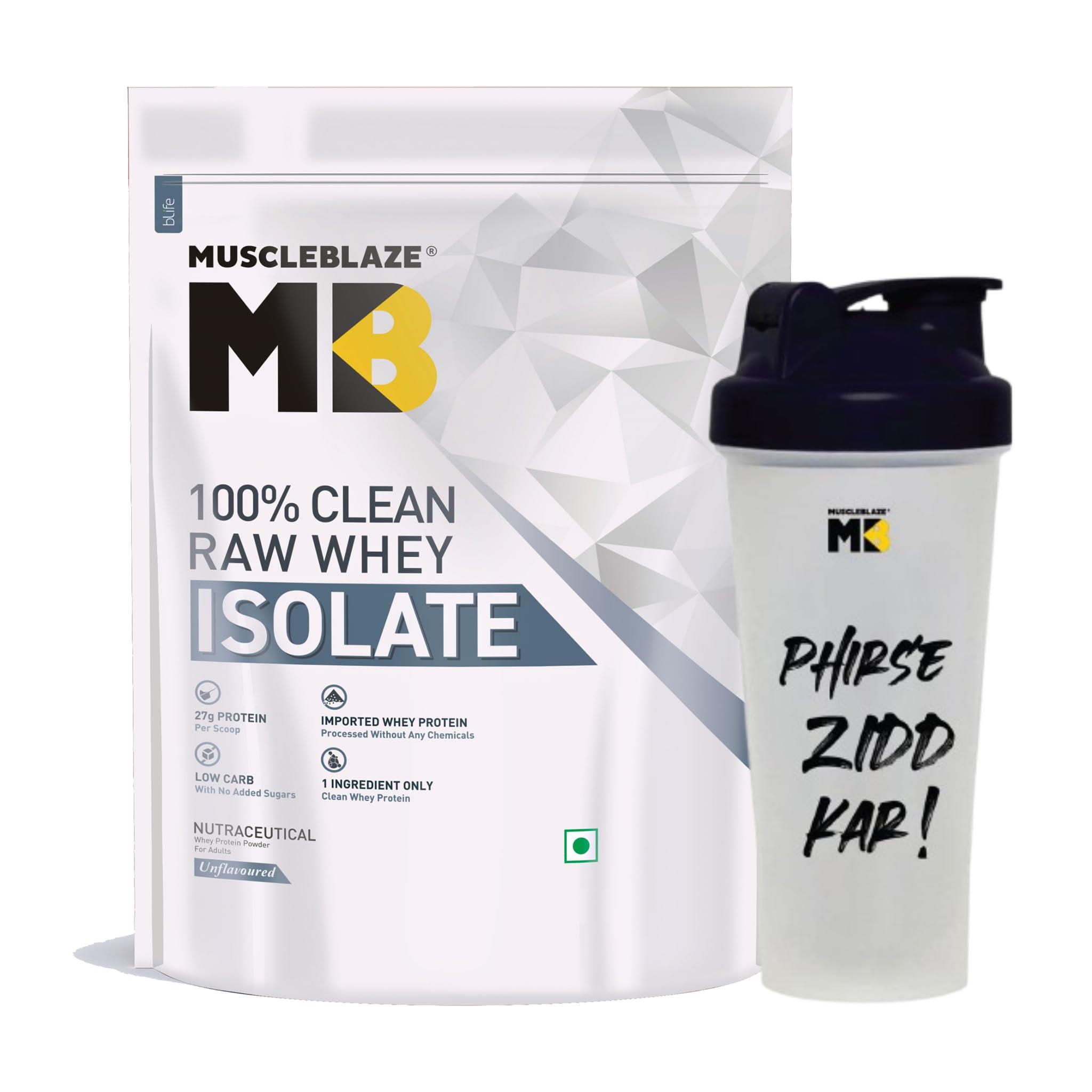 MuscleBlaze MuscleBlaze 100% Clean Raw Whey Protein Isolate (Unflavoured, 1kg) | 27g Protein per Scoop with Shaker, 650ml (Combo Pack)