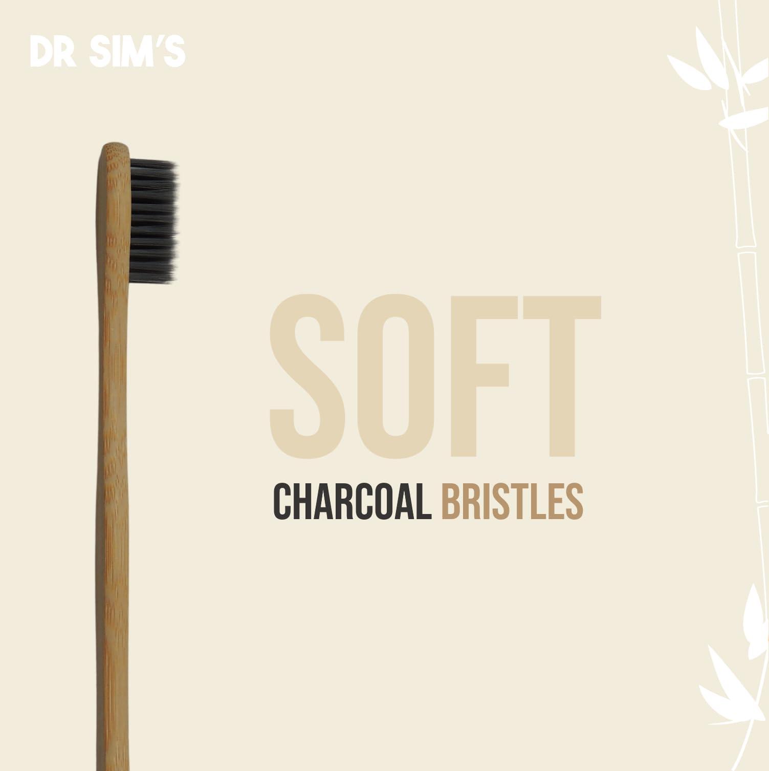 Dr Sim\'s Dr Sim\'s Bamboo Toothbrush | Pack of 4 | 1 Soft Charcoal Black & 1 Ultra-Soft Natural Fibre Beige Bristles for Adults and 2 Colorful Soft Bristles for Kids | Non-Toxic, Sustainable, Vegan, Anti-Microbial