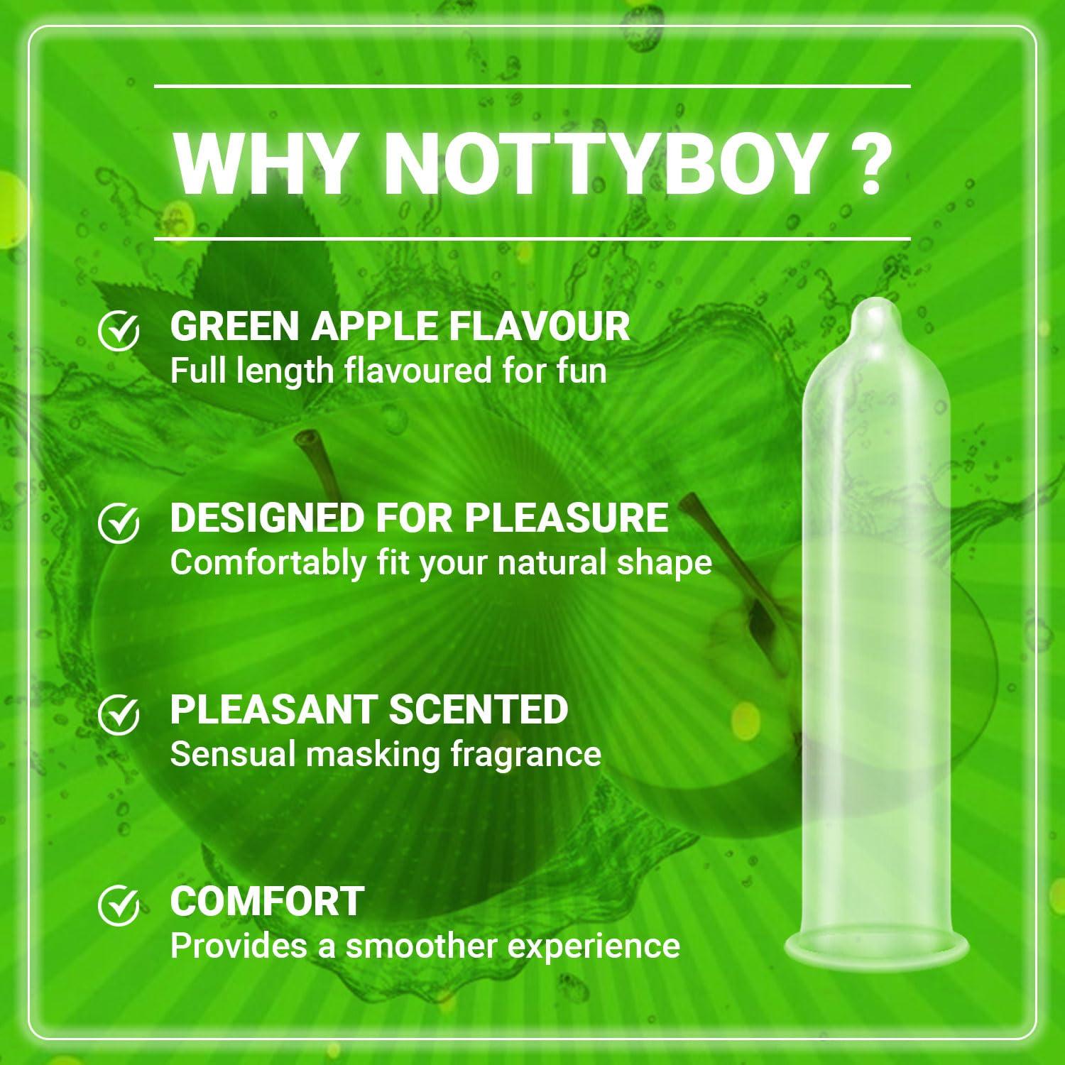 NOTTY BOY NOTTY BOY Extra Thin Without Dotted Condom, Green Apple Flavour For Tangy Twist, Extra Lube With Reservoir Tip - 21 Units (Pack of 7)