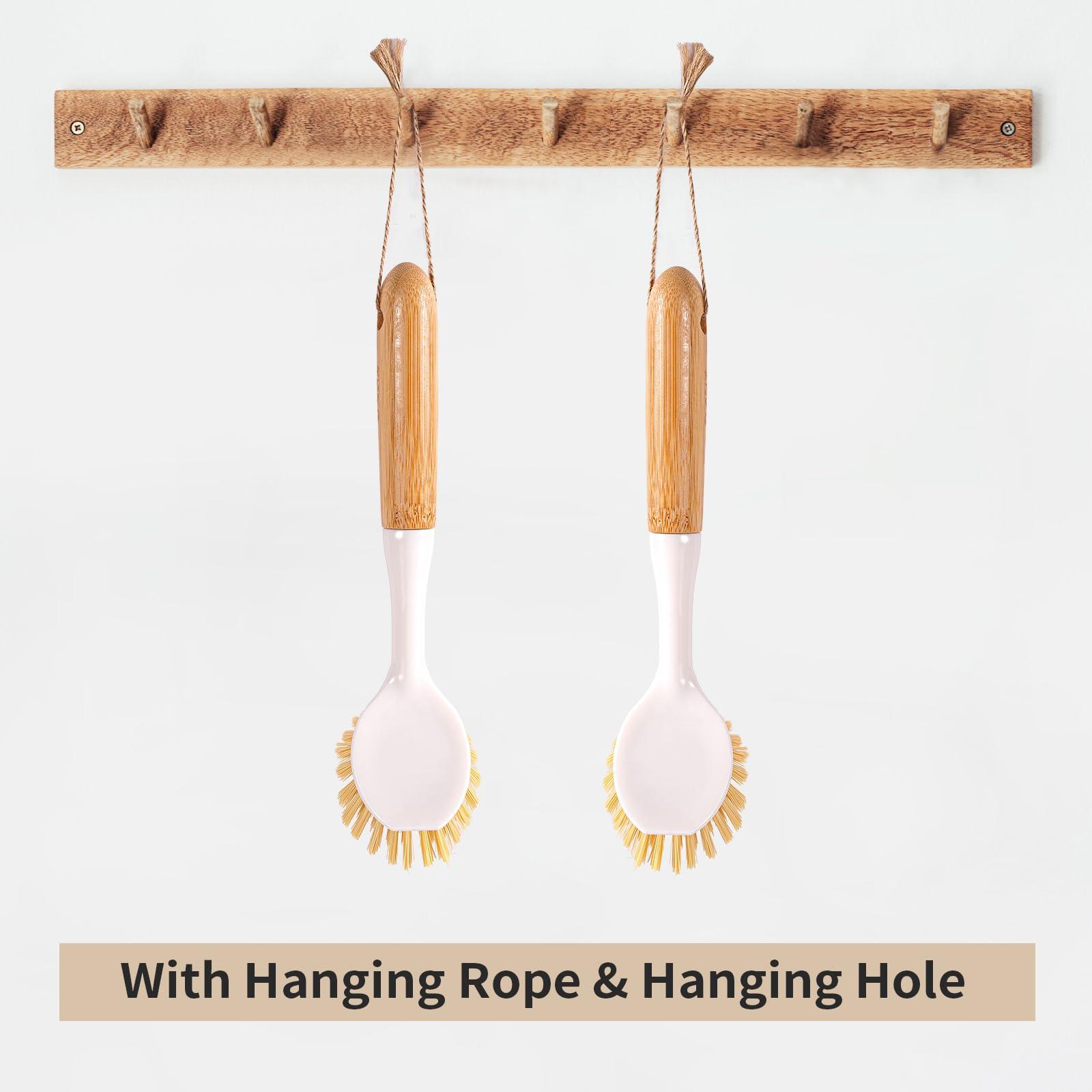 TEZZ 2 Pack Kitchen Dish Brushes with Bamboo Handle, Dish Scrubber Built-in Scraper, Scrub Brush for Pans, Pots, Counter & Kitchen Sink Cleaning, Dishwashing and Cleaning, Perfect Cleaning Tools, White