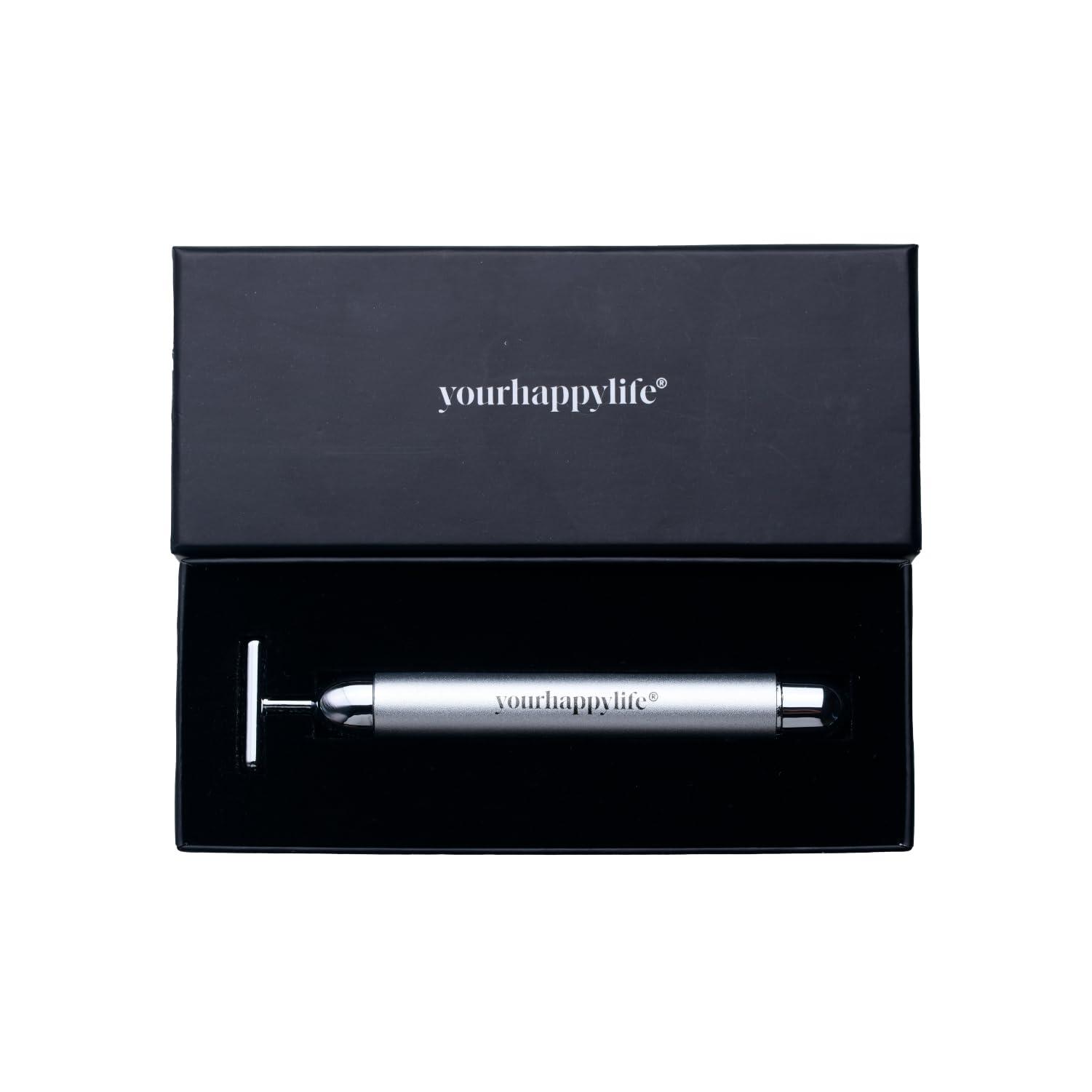 yourhappylife YourHappyLife Sculpt Face Roller T-Shaped electric (Battery Operated) Dermateq Silver Coated | Anti Wrinkle Massager for Forehead, Eye, Neck & Collar Bone (Silver Colour) | Skin Elasticity, De-Puff.