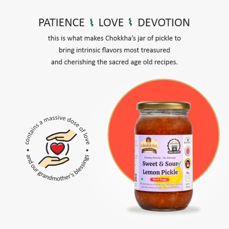 Chokkha Chookha Traditional Homemeade Hing Mango & Sweet & Sour Lemon Pickle (Hing Aam Khatta Metha Nimbu) | No colour Added | Vegan | 100% Oil-Free | Combo of 2 | 200 Gm Each