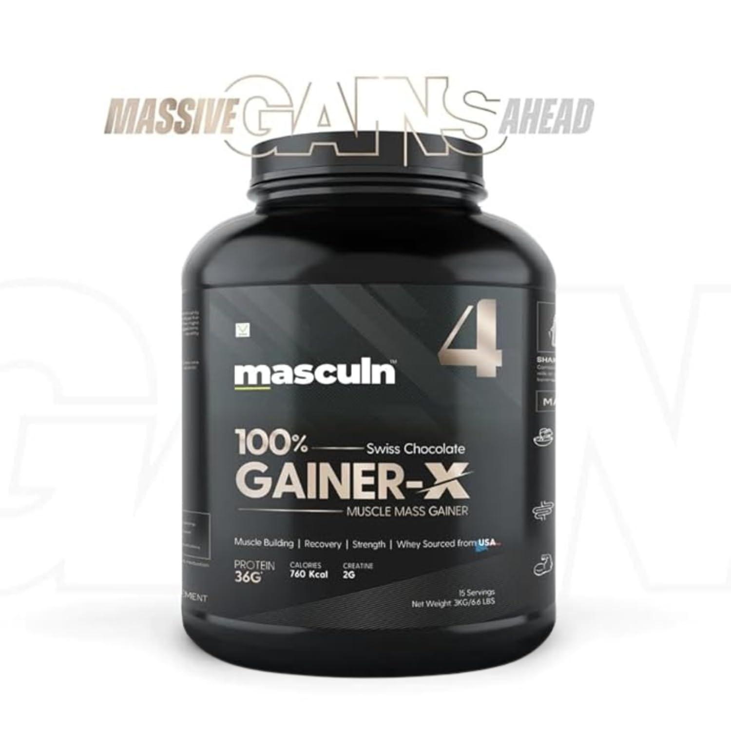 MASCULN MASCULN Mass Gainer Powder 3kg | Lean Muscle Whey Protein Mass Gainer | 36g Protein | Reduces Muscle Breakdown | Mass Gainer Supplement Powder for Men and Women (Swiss Chocolate, 3 kg) Free Shaker