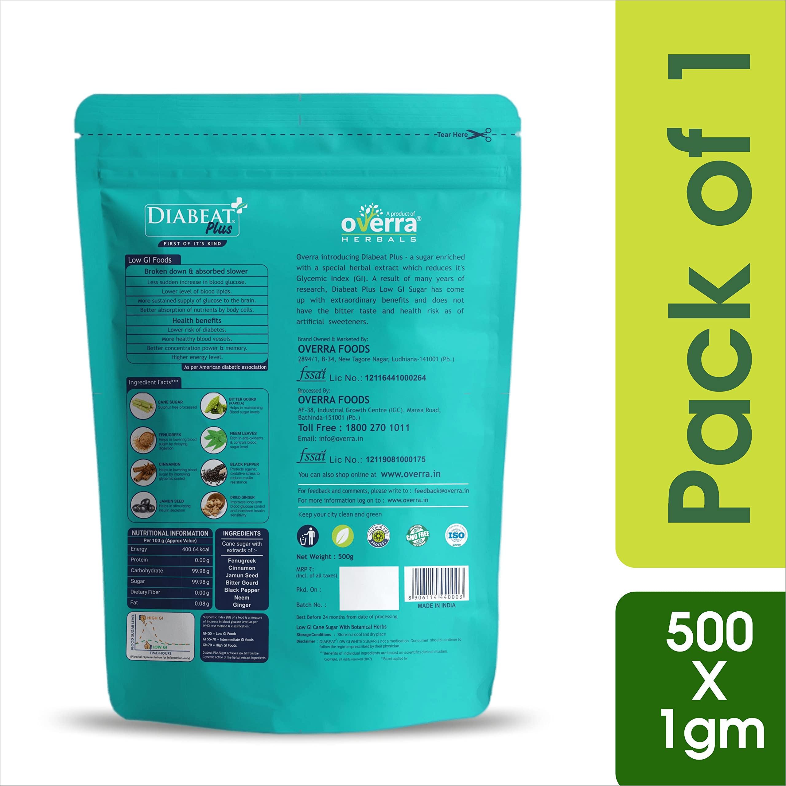 OVERRA HERBALS Overra Herbals Diabeat Plus Diabetic Friendly Herbal Cane Sugar - Free from Chemical Artificial Sweeteners  Natural Substitute Without Side Effects  Very Safe, Gluten Free Low Glycemic Index (GI)  500 g Zipper Lock Pouch (Pack of 1)