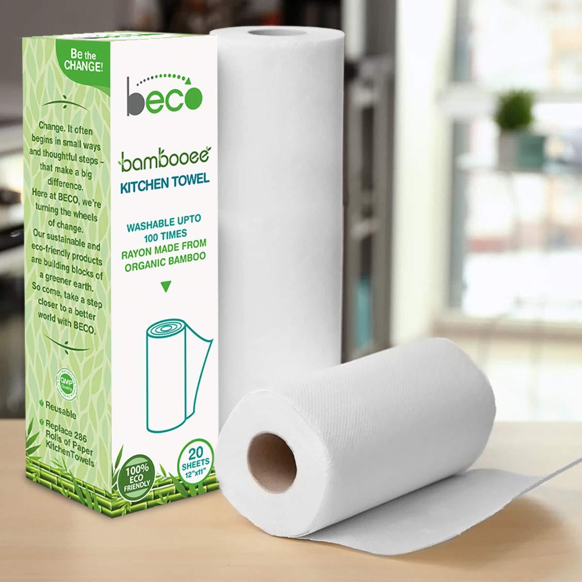 Beco Beco Reusable Kitchen Towel Roll (20 Sheets) Natural & Organic Cleaning Bamboo Cloth – Ecofriendly and Biodegradable and Solimo 2 Ply Kitchen Tissue/Towel Paper Roll - 2 Rolls (60 Pulls Per Roll)