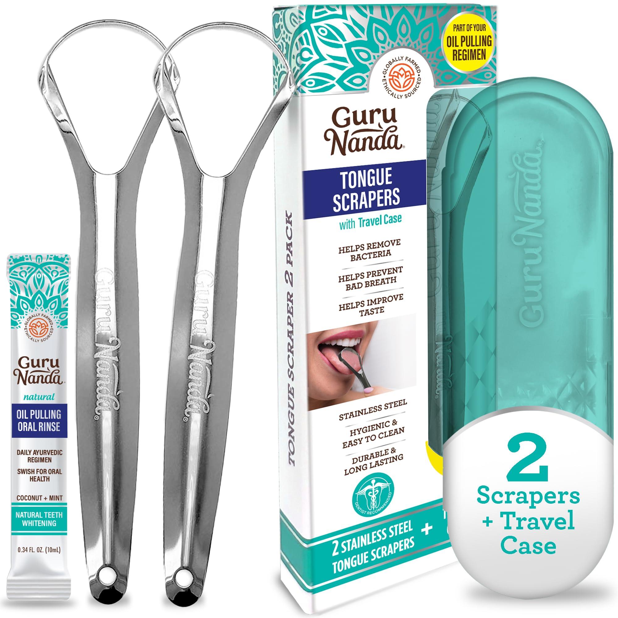 GuruNanda Guru Nanda Stainless Steel Tongue Scraper (Pack of 2), Fights Bad Breath, Medical Grade 100% Stainless Steel, Great for Oral Hygiene, Tongue Cleaner for Adults and Kids