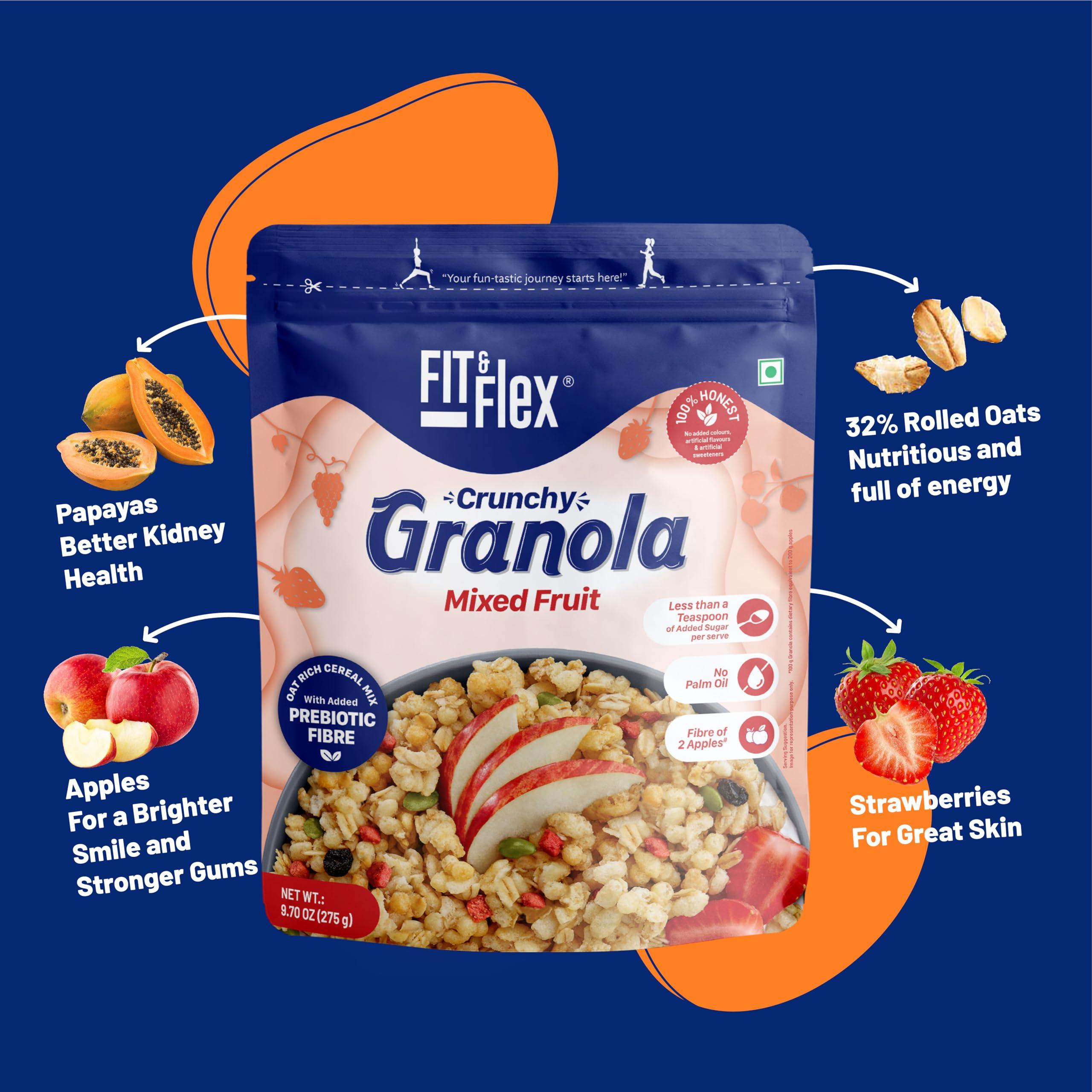 FIT & FLEX FIT & FLEX Baked Granola Mixed Fruit Oat Rich Cereal With Real Freeze Dried Fruits Ready To Eat Healthy Breakfast Food Cholesterol Free With Immunity Boosters As Seen On Shark Tank India 275 Gm