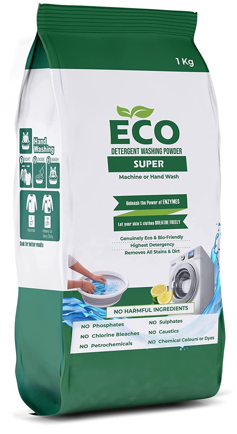 ECO ECO Detergent Washing Powder No Harmful Ingredients | made with Natural ingredients, Phosphate free No Sulphates, No Caustics | Laundry Detergent Powder for Front & Top Load (1 Kg, Super)