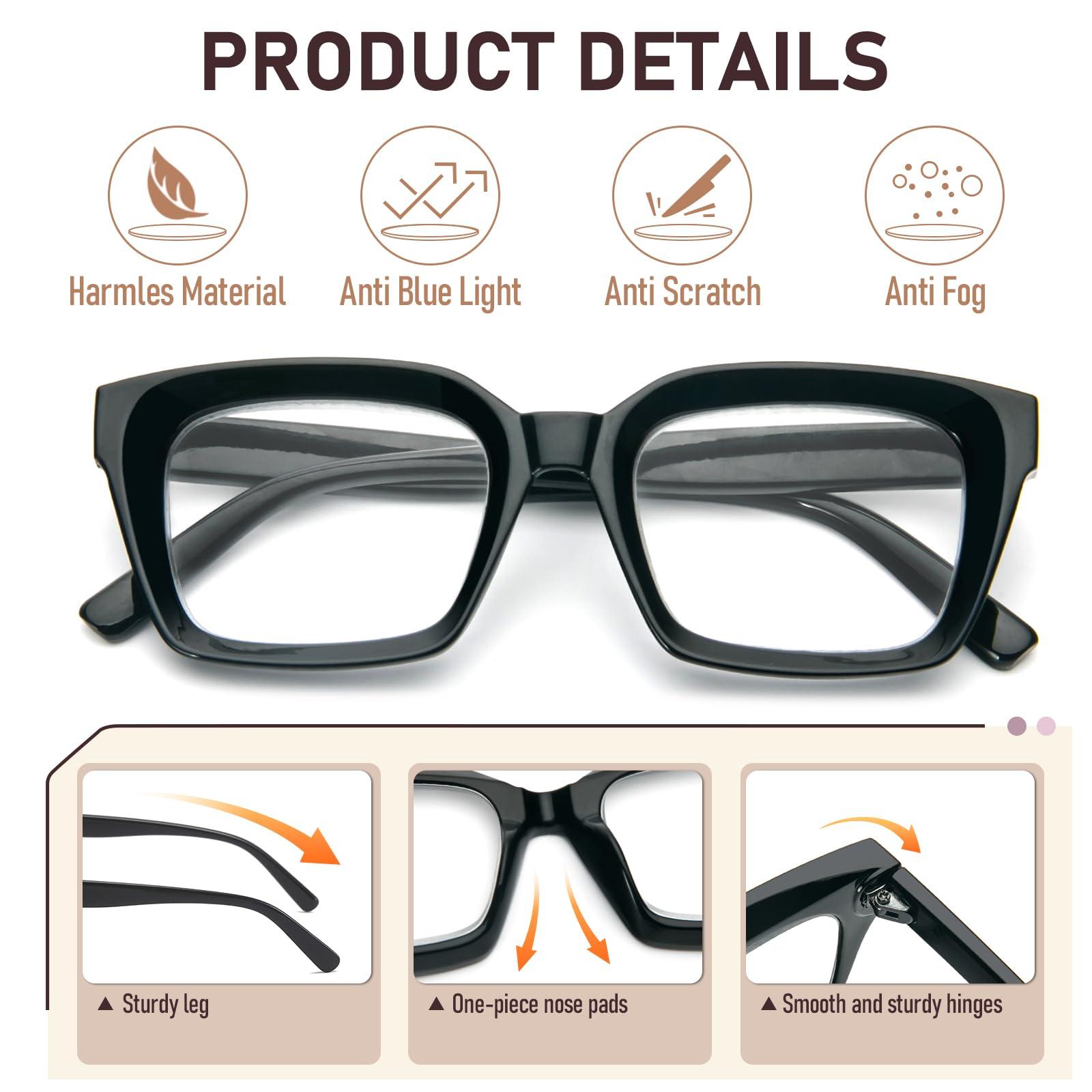 MMOWW MMOWW Rectangular Reading Glasses Oversized Frame Anti Blue Light Reading Glasses Women Men 4 Pair, 4 Pcs, 1.5