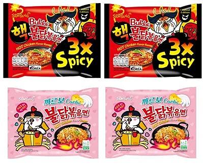 Sam Yang Samyang 3X Spicy Noodles -2X140gm & Buldak Carbo Noodles -2X140gm (Pack of 4) (Imported) ( Combo Pack) Instant Noodles Non-vegetarian