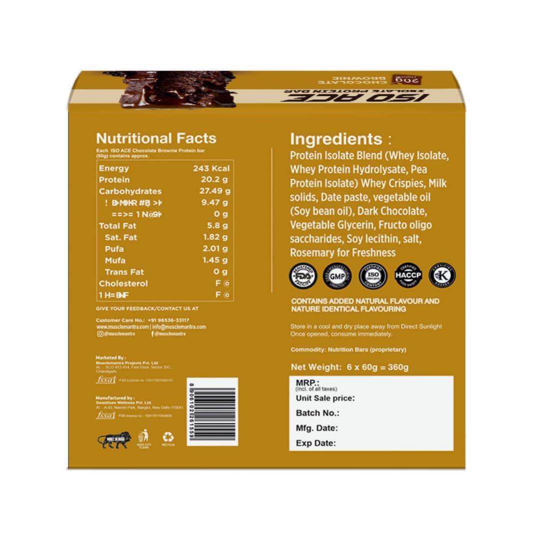 Muscle Mantra Muscle Mantra ISO ACE Isolate Protein Bar - Chocolate Brownie | High Protein & Energy Snack Bars | 20gm Protein, 9gm Fiber Bars, No Added Sugar, Gluten Free, No Artificial Flavour - (Pack of 2, 12 Bars)