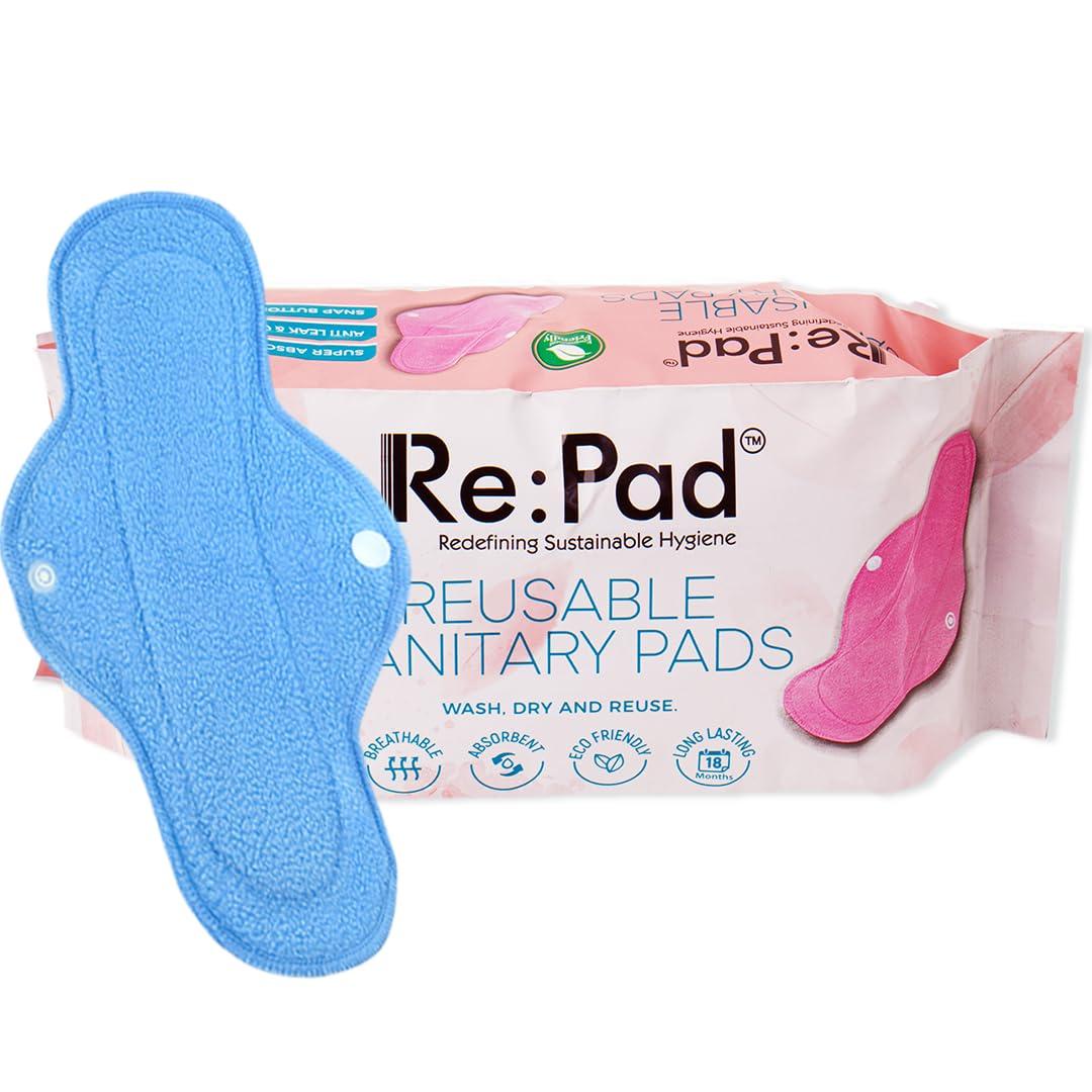 Re:Pad Re pad Reusable Cloth Sanitary for Women Overnight Cloth Washable Super-Absorbent, Soft and Comfortable 3 Super Maxi pads in (Blue) Sanitary Pad (Pack of 3) |Lasts Up To 1 .5 Years