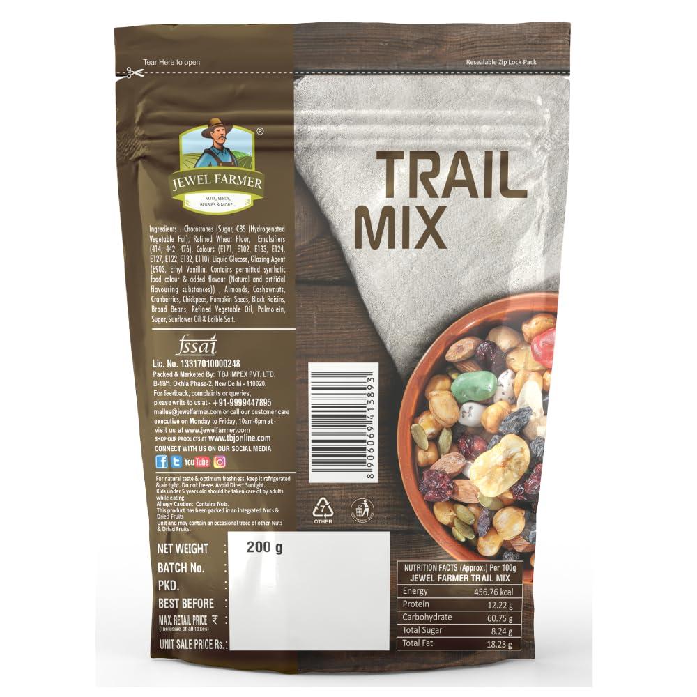 JEWEL FARMER JEWEL FARMER Trail Mix with Chocostones, Almonds, Cashewnuts, Cranberries, Chickpeas, Pumpkin Seeds, Black Raisins, Broad Beans, Sugar, Sunflower Oil & Edible Salt (200g)