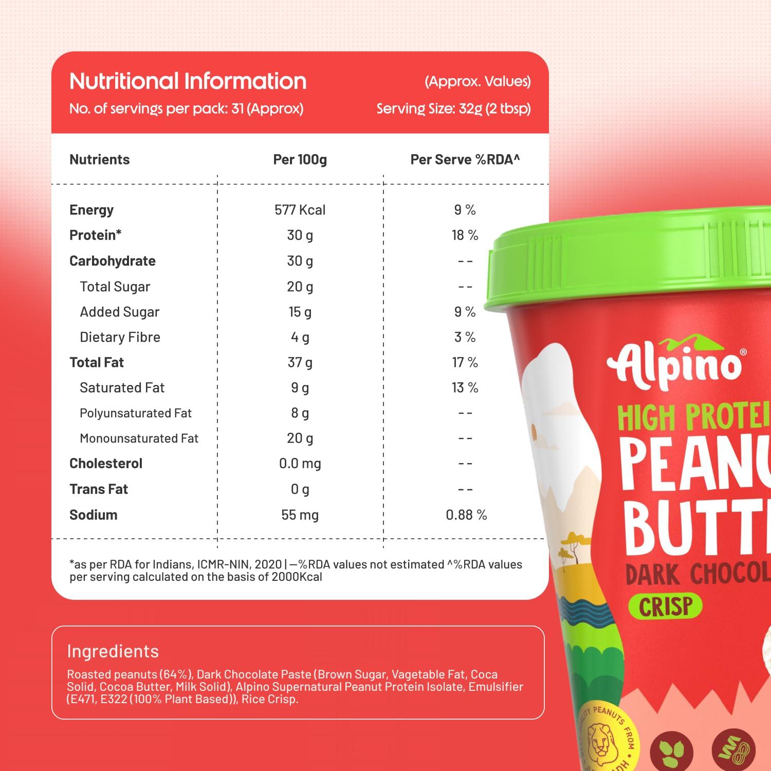 Alpino ALPINO High Protein Dark Chocolate Peanut Butter Crisp 1kg - Roasted Peanuts, Dark Chocolate, Whey Protein & Pea Protein 30g Protein, non-GMO, Gluten Free - High Protein Peanut Butter Crispy