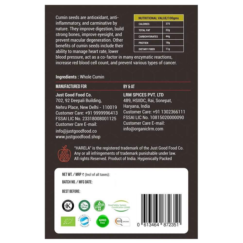 Harela Harela Certified Organic Cumin (Whole) | Cold-Pressed & Steam Sterilized | No Additives, Preservatives | Pure & Natural | 100g
