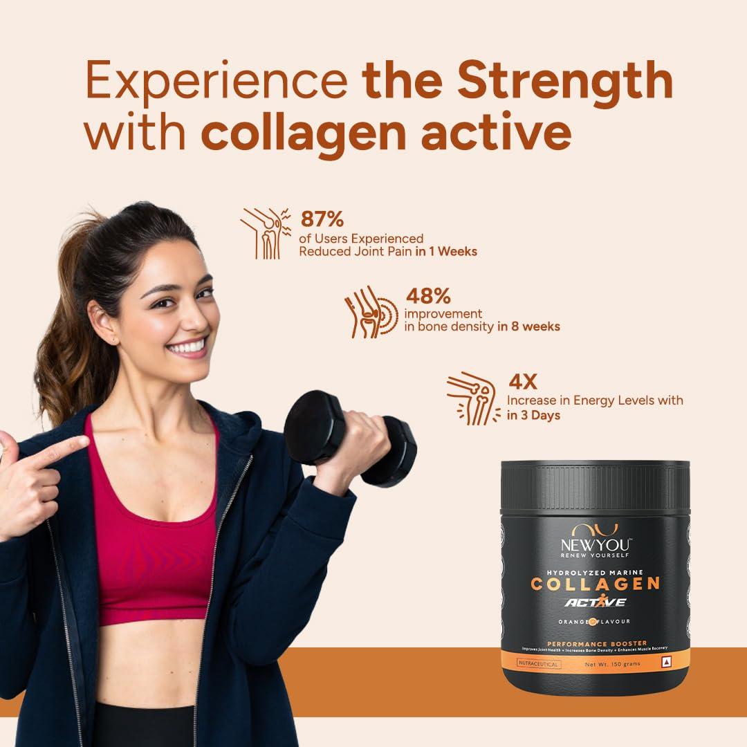 NEWYOU NewYou Collagen Active Performance Booster | Enhances Joint Movement, Bone Strength & Flexibility | Helps Reduce Back & Knee Pain | Japanese Marine Collagen + Glucosamine + Hyalu