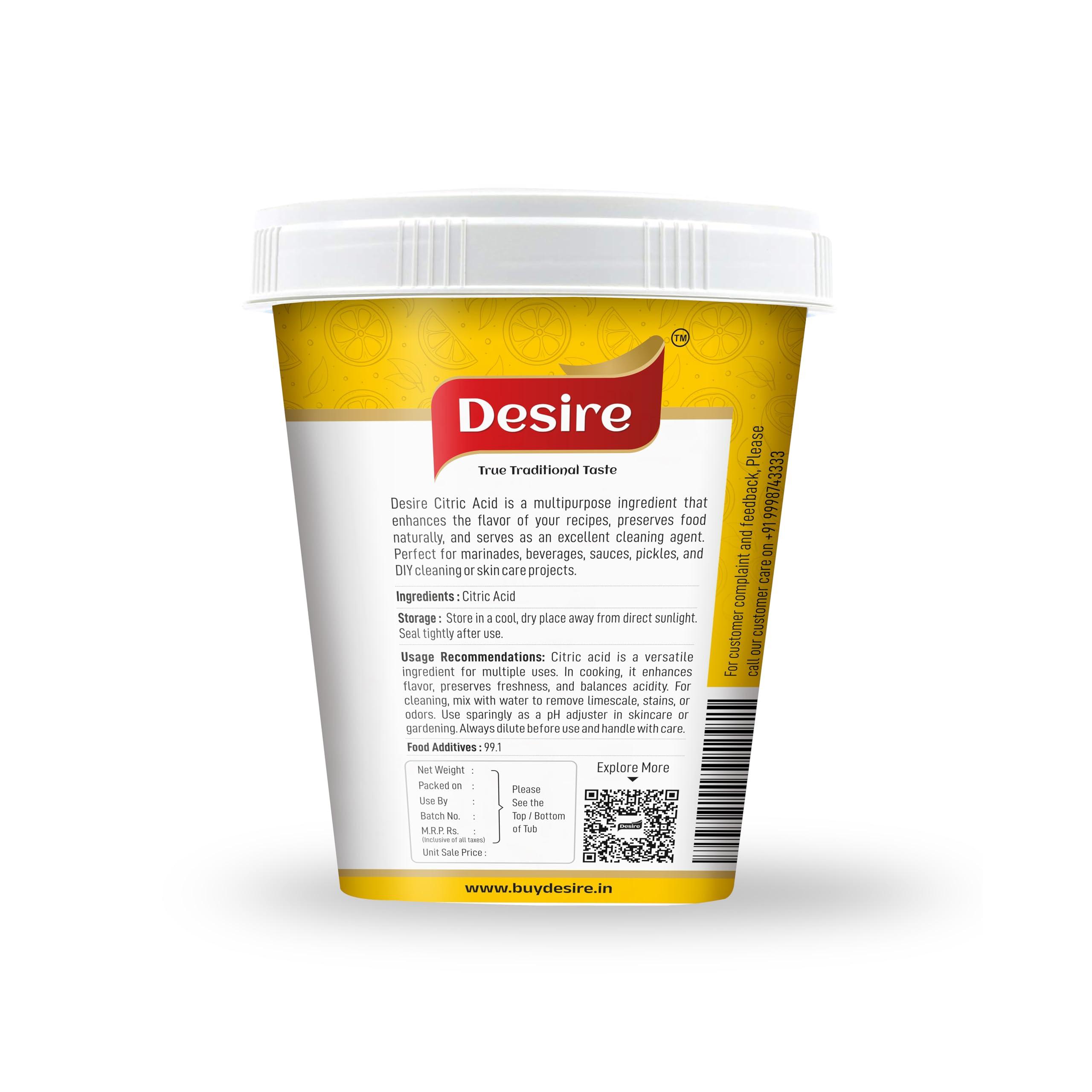 Desire Desire Pure Citric Acid Crystals 900 Grams (100% Pure Citric Acid Powder for Cleaning - Food Grade, Nimbu Sat - Multiple Uses for Home and Kitchen - Natural Preservative and Flavoring Agent)