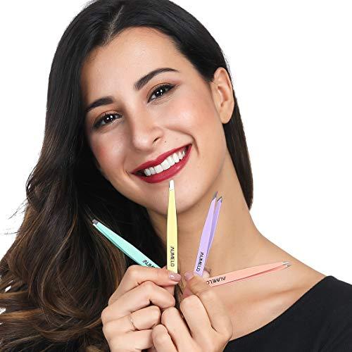 AUMELO AUMELO Tweezers Professional Stainless Steel with Leather Travel Case Best Precision Eyebrow and Splinter Ingrown Hair Removal Tweezer Tip (Multicolor) -Set 4 Piece
