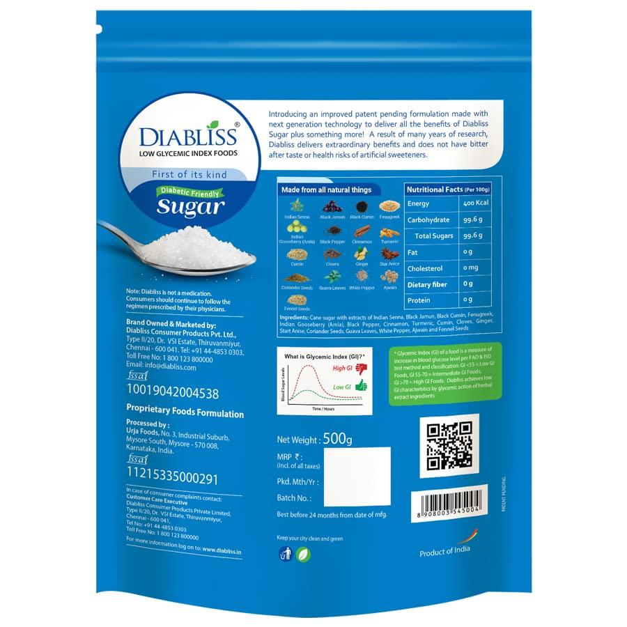 Diabliss Diabliss Diabetic Friendly Herbal Cane Sugar - Free from Chemicals/Artificial Sweeteners - Low Glycemic Index (GI) - 500g Pouch (500g (Pack of 8)+Blood Glucose Management)