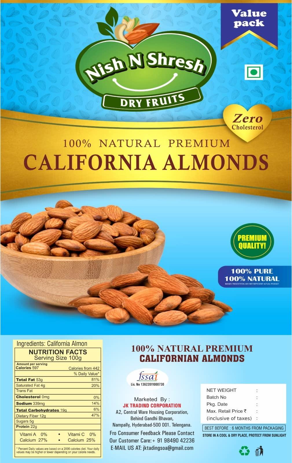 NISH N SHRESH DRY FRUITS Nish N Shresh Natural California Dried Almonds/Badam, Rich in Fibre & Boost Immunity, Real Nuts/Gluten Free/Zero Cholesterol (750 g) - Pouch
