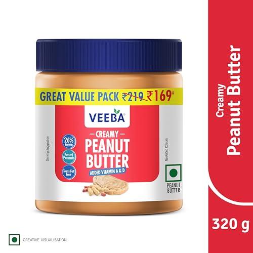 VEEBA Veeba Peanut Butter Creamy | Smooth | High Protein | Naturally Gluten Free | Vegan | Trans Fat Free | No Added Preservatives | Added Calcium, Iron, Vitamin A & D | No Added Colour & Flavour | Non GMO | 340 g