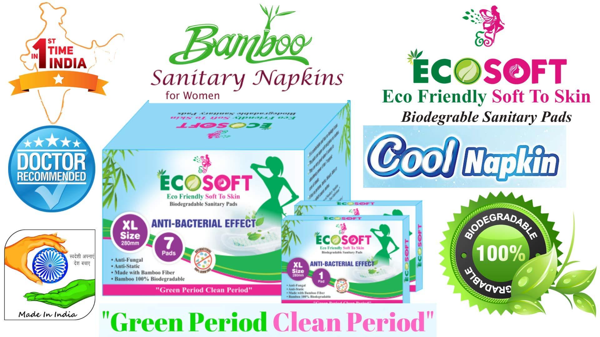 ECOSOFT ECOSOFT Premium Sanitary Pads Bamboo Fiber 100% Biodegradable Iso 9001-2015 And Iso 14001-2015 Certified Xl Size-280 Mm. Pack of 4 Box (28 Pads).